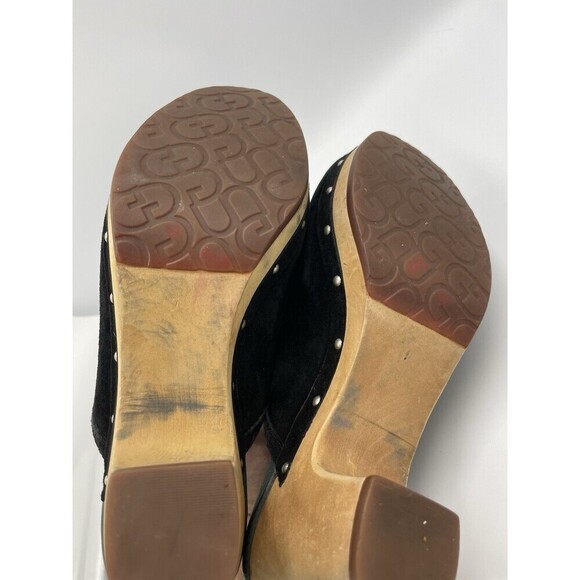 UGG Abbie Winter Clogs Womens Size 7 Black Suede Wooden Platform Slip on Hippie - Picture 9 of 9